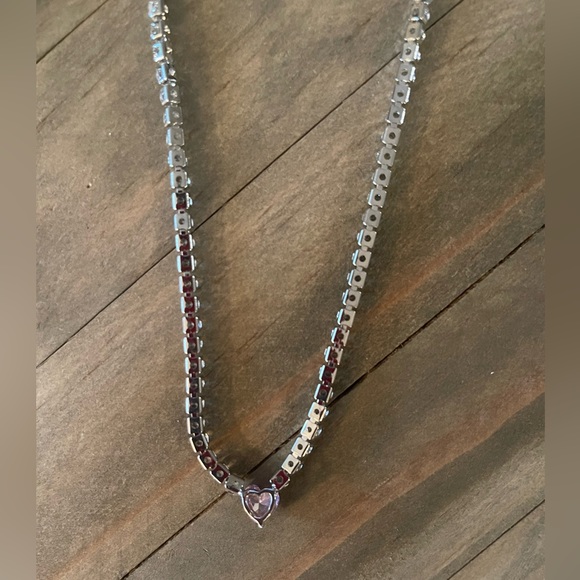 Pink Heart Gemstone, Simulated Cz Rhinestone Tennis, Bridal, Glamorous Necklace - Picture 11 of 15